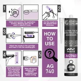 Adhesive Guru AG740 Ultra Tack Hybrid Construction Adhesive (12x10.5 fl oz), Heavy Duty Indoor Outdoor Caulk Sealant, White - 12 Pack