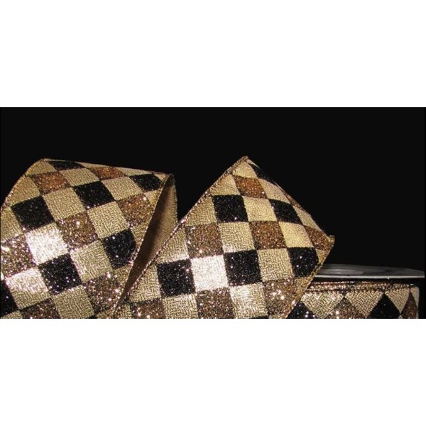 1 Pcs 2 1/2"W Diamond Jester Harlequin Wired Ribbon Gold