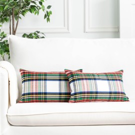 Hofdeco Premium Christmas Indoor Outdoor Lumbar Pillow Cover Only, 12"x20" Water Repellent for Holiday, Backyard, Couch, Scottish Tartan Plaid B