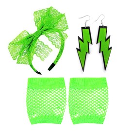 5 Pcs 80s Fancy Dress Costume Accessories, Lace Bow Headband, Fishnet Gloves, Earrings, Elastic Women's Neon Lace Headband (Green, Uniform size)