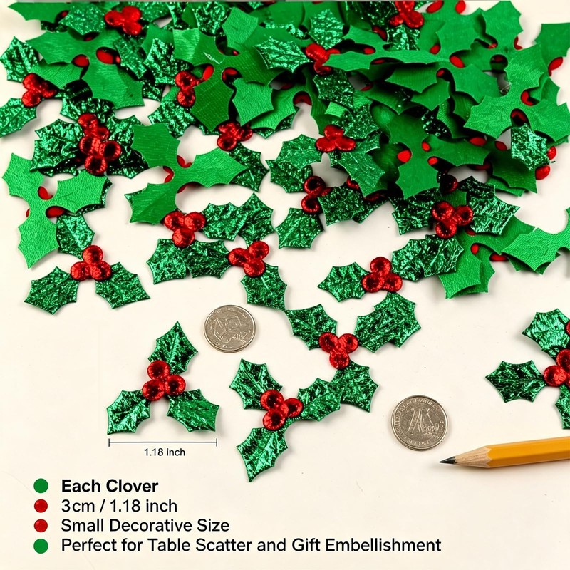 Christmas Holly Decorations, 3cm Green Holly Leaf, Red Berry