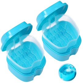 Denture Case, Denture Case with Filter, Portable Denture Case for Cleaning, Soaking and Storing Dentures and Other Mouth Tools (Light Blue x 2 Pieces)