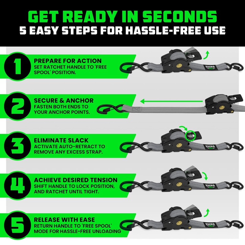 Rhino USA Retractable Ratchet Straps (2-Pack) - 1 Inch x