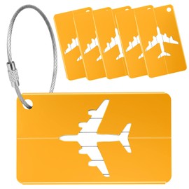 Yizhet 6 x Luggage Tags with Address Label, Aluminium Luggage Tag, Suitcase Sign with Stainless Steel Cable and Waterproof PVC Name Tag, Luggage Tags for Luggage, Suitcase, Bag, Handbag (Gold)