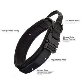 Fas Plus Tactical Dog Collar Adjustable Military Dog Collar Handle for Medium Large XL Dogs Thick Training Camo Collar Strong Heavy Duty Velcro Army K9 Collar Nylon with Metal Buckle(Black/XL)