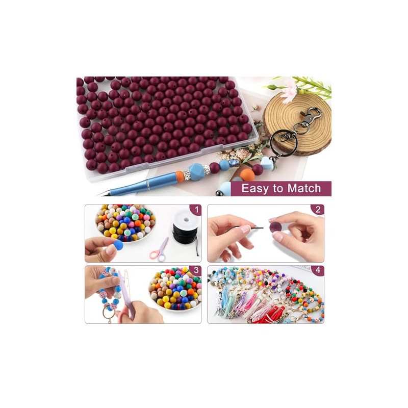 HHCFAST 160Pcs 12mm Silicone Beads for Keychain Making Bracelet Necklace,
