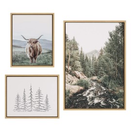 Kate and Laurel Sylvie Meet Me Here, Highland Cow Mountain Landscape and Minimalist Evergreen Trees Framed Canvas Wall Art Set by Various Artists, Set of 3, two 16x20 and one 23x33 Natural Frames