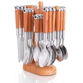 24 Pcs Stainless Steel Cutlery Set with Plastic Handles & Cutlery Rack, Eating Tableware Set Service for 6, Durable Flatware Set Includes Knives, Forks & Spoons for Kitchen and Home