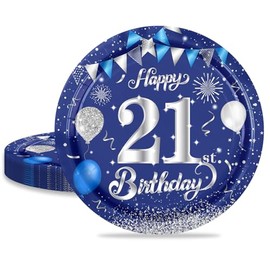 MORAINJAY 21st Birthday Paper Plates, Pack of 16 Blue with Silver Paper Plates for Girls Boys 21st Birthday Party, 9 inch/23 cm Paper Plates for 21st Birthday Party Decoration