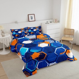 Honeycomb Kids Comforter Set King Size,Geometric Hexagon Patchwork Bedding Set,Girls Boys Adults Room Decor,Modern Fashion Down Comforter,Blue Orange Bright ​Duvet Insert,2 Pillowcases