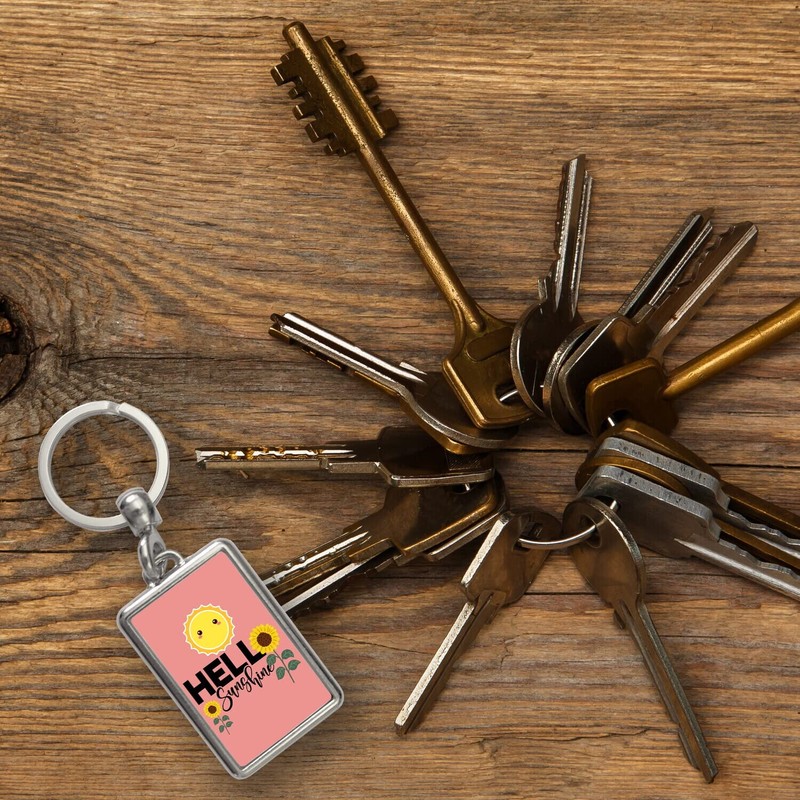 Good mood key ring in red with saying Hello Sunshine,