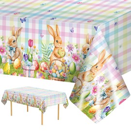 2 Pcs Easter Bunny Tablecloth - Easter Plastic Buffalo Plaid Tablecloth, Spring Flower Cute Rabbit Colorful Eggs Rectangle Table Cover for Table Decorations Party Decor Supplies Favors, 108 x 54 Inch