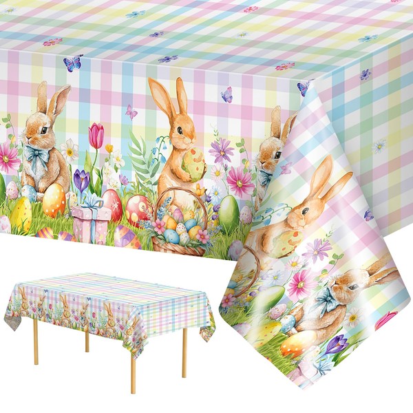 2 Pcs Easter Bunny Tablecloth - Easter Plastic Buffalo Plaid
