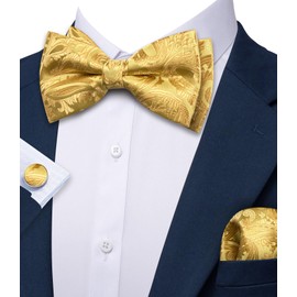 Barry.Wang Mens Gold Bow Tie Paisley Silk Pre-Tied Bowtie Pocket Square Cufflinks Set Formal Wedding Prom Party Tuxedo