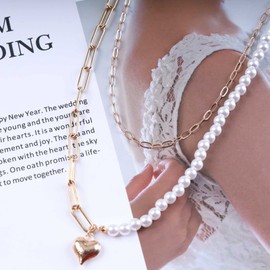 Cimenexe Bohemian Layered Pearl Collar Necklace Gold Paper Clip Chain Necklace Puffy Heart Pearl Collar Pendant Necklace Love Heart Pearl Collar Beads Paper Clip Link Chain