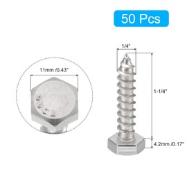 TA-VIGOR 50Pcs Coach Screws, 1/4" x 1-1/4" Hex Head Lag Bolts, 304 Stainless Steel Sleeper Concrete Wood Screw Hexagon Lag Full Thread Self-Tapping Bolts for Outdoor Use in Decking, Fencing