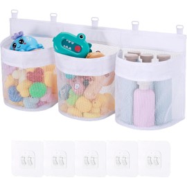 Large Bath Toy Storage Organizer, 60cm Mesh Baby Bath Toy Storage with 3 Compartment Large Openings, Quick Drying Bath Toy Net Bath Toy Tidy with 5 Strong Suction Hooks