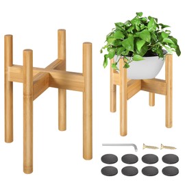 2 Pack Bamboo Plant Stands, Adjustable Plant Stand Indoor, Mid Century Modern Plant Stand, Plant Holder for Living Room, Balcony Fits 8 to 12 Inches Pots (Beige)