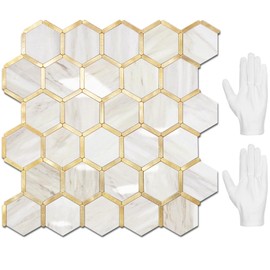 STICKGOO Hexagon Peel and Stick Backsplash Tile, Stick on Backsplash for Kitchen and Bathroom, Glossy Eurasian Wood Grain PVC Mixed Metal Gold Self Adhesive Wall Tiles(10 Sheets, Seamless)