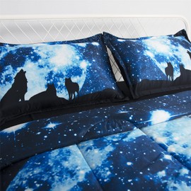 Dark Blue and Black Wolf Bedding for Boys Kids Teens 3pcs Animal Down Alternative Comforter Set Twin Galaxy Full Moon Pillowcases (066Comforter, Twin)