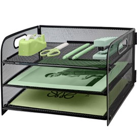 Paper Letter Tray with Handle, 3 Tier Metal Mesh Desk File Organizer, A4 Paper Desktop Filing Trays, Desk Tidy Magazine Document Holder for Home Office, Black
