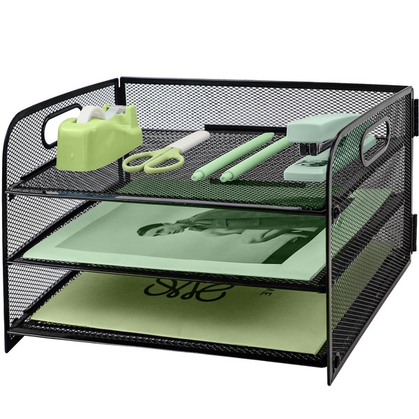 Paper Letter Tray with Handle, 3 Tier Metal Mesh Desk