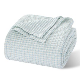 RENEWROOTS 100% Cotton Waffle Woven Throw Blanket for Couch Sofa, Soft Lightweight Jacquard Dual-Tone Textured Blanket, Fading Resistant 50" x 60" Blue