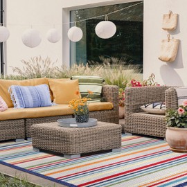 Superior Indoor Outdoor Area Rug, Perfect for Patio, Bedroom, Kitchen, Laundry Room, Entryway, Office, Playroom, Carpet Cover, Modern Casual Stripe Geometric, Eastyn Collection, 5' 2" x 7' 2", Cream