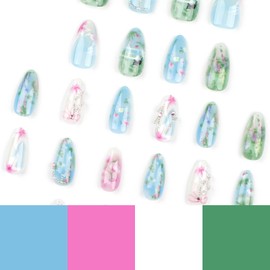 RTKHFZE Almond Press on Nails Medium Coffin Fake Nails Spring and Summer Press On False Nails with Flower and Rhinestones Designs Acrylic Nails Full Cover Stick on Nails for Women Girls