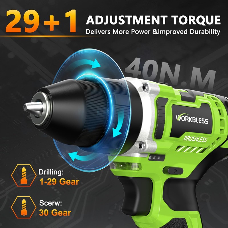 WorkBless 12V Brushless Power Drill, Cordless Drill with LCD Smart