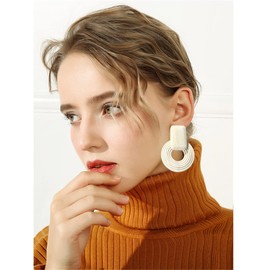 MIGUO STORE Natural Wood Round hollow Geometric Lightweight Drop Circle Earrings Bohemian Wooden rectangle Stud Retro Earrings for Women (White Wood Round hollow Earring)