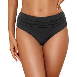 Tempt Me Women Black Mid Rise Bikini Bottoms Full Coverage Swimsuit Ruched Scrunch Swim Bottom M