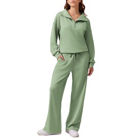 PINSPARK 2 Piece Sets for Women High Waist Sweatsuit Long Sleeve Oversized Sweatshirt Sweatpants Lounge Set 2024 Fall Travel Outfits, Pea Green XXL
