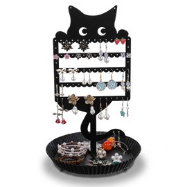 Earring Holder for Girls, Earring Tree Stand Organizer with Ring Tray, Cute Cat Shaped Jewelry Rack for Bedroom Vanity Desk, Metal Earring Tree for Women Teens Kids Cat Lovers, Black, 7.7x7.7x13 in