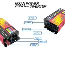 600W/1200W(Peak) Power Inverter DC 12V/24V to 110V AC Converter with 1 USB Ports and 1 AC Outlet for Road Trip, Camping, RV, Truck, Car, Pickup Truck