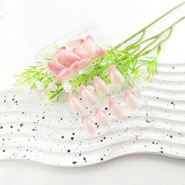Almond Press on Nails Short Meat Pink French Tip Fake Nails Glossy Glue on Nails Light Pink Full Cover Nails Press ons with Stars Dot Design Pearl False Nails Artificial Stick on Nails for Women 30Pcs