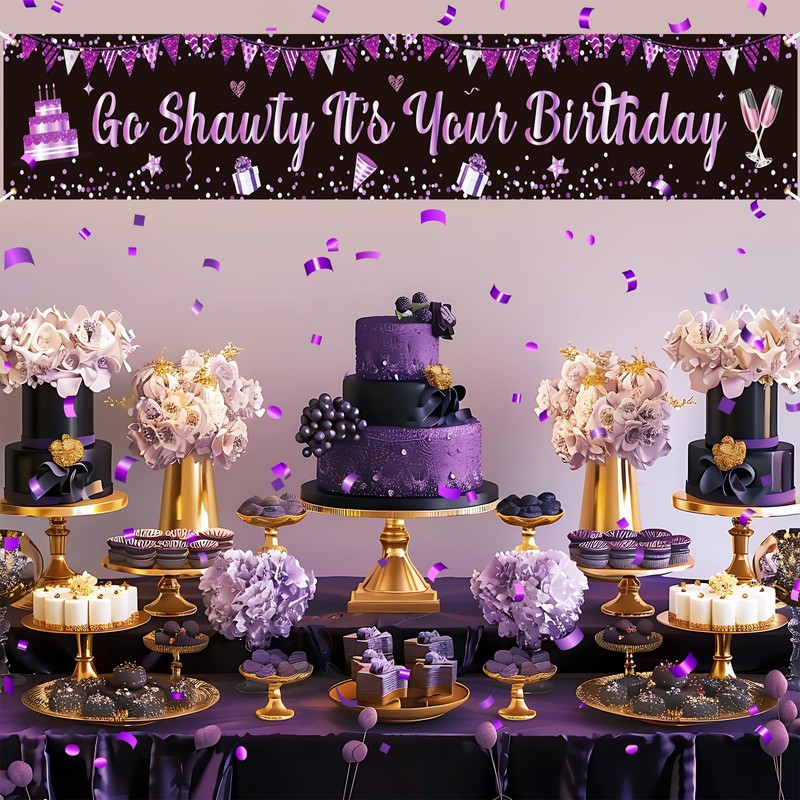 Black Purple Go Shawty - Banner de cumpleaños para patio