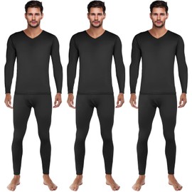 Patelai 3 Set Thermal Underwear for Men Long Underwear Fleece Lined V Neck Winter Warm Base Layers Thermal Top Bottom(Small,Black)