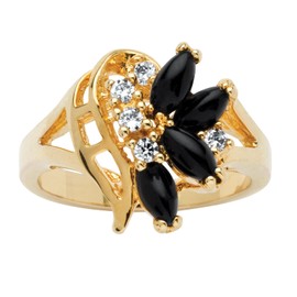 Marquise-Shaped Black Onyx and White Crystal 14k Gold-Plated Swirl Ring Size 8