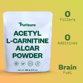Purisure Purisure Acetyl L-Carnitine Powder, 250g, ALCAR Powder, Amino Acid Supplement, Acetyl L-Carnitine Supplement for Better Cognitive Performance and Muscular Endurance, Gluten Free, Non-GMO, 500 Servings