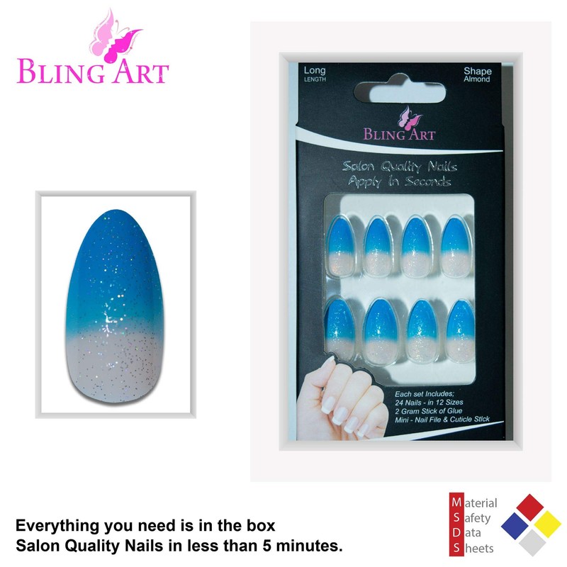 Bling Stilett False Nail Acrylic Blue Medium Tips UK