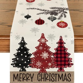 SEDEX Christmas Table Runner Xmas Theme Decoration Seasonal Red Pine Trees Merry Christmas Holiday Kitchen Dining Table Cloth 72" Long for Home Party Decor