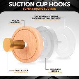 Shower Suction Cup Hooks, Strong Suction Power, Towel Hooks for Shower Glass Door, Bathroom, Kitchen, Mirrors, Tiles, Holds up to 11 lbs, Ideal for Towels, Bath Robes, Coats (Beech-Gold)