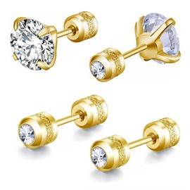 2 Pairs Stud Earrings Set, Hypoallergenic Cubic Zirconia 316L Stainless Steel CZ Screw Back Double Sided Earrings for Men, Women, Boys & Girls, Stainless Steel