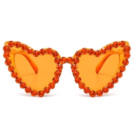 YAMEIZE 70s Trendy Rhinestone Heart Sunglasses - for Women Men Love Rhinestone Heart Shaped Diamond UV400 Party Driving, orange