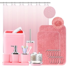 XLHOMO Bathroom Accessory Set–Bathroom Sets with Shower Curtain and Rugs, Non Slip Bathroom Rugs Super Absorbent, Pink Ombre Waterproof Shower Curtain with Hooks, Pink Bathroom Sets Complete for Home