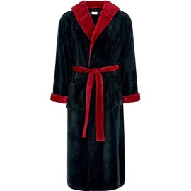 Alexander Del Rossa Mens Robe, Plush Fleece Hooded Bathrobe Men, Men's Bathrobes, Big and Tall Bath Robe for Men Black with Burgundy Contrast 2XL (A0125BKB2X)