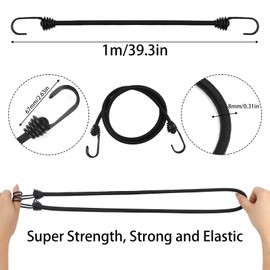 DRERIO 2 Pcs Bungee Cord with Hook 1m Heavy Duty Bungee Straps, Luggage Tie Downs Black Elastic Rope with Metal Hooks, Long Sizes Bundy Cord for Motorcycle Car Caravan Trunks Locking Load Securing