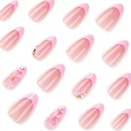 Medium Press on Nails Almond False Nails Pink French Tip Fake Nails with 3D Flower Gold Beads Designs Glue on Nail Glossy Acrylic Artificial Nail Full Cover Stick on Nails for Women 24Pcs