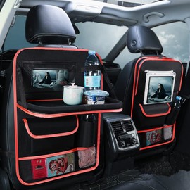 Tumecos 2 Pack Car Seat Back Organizer and Storage with Touch Screen Tablet Holder, Kick Mats, Back Seat Protector (black&red)